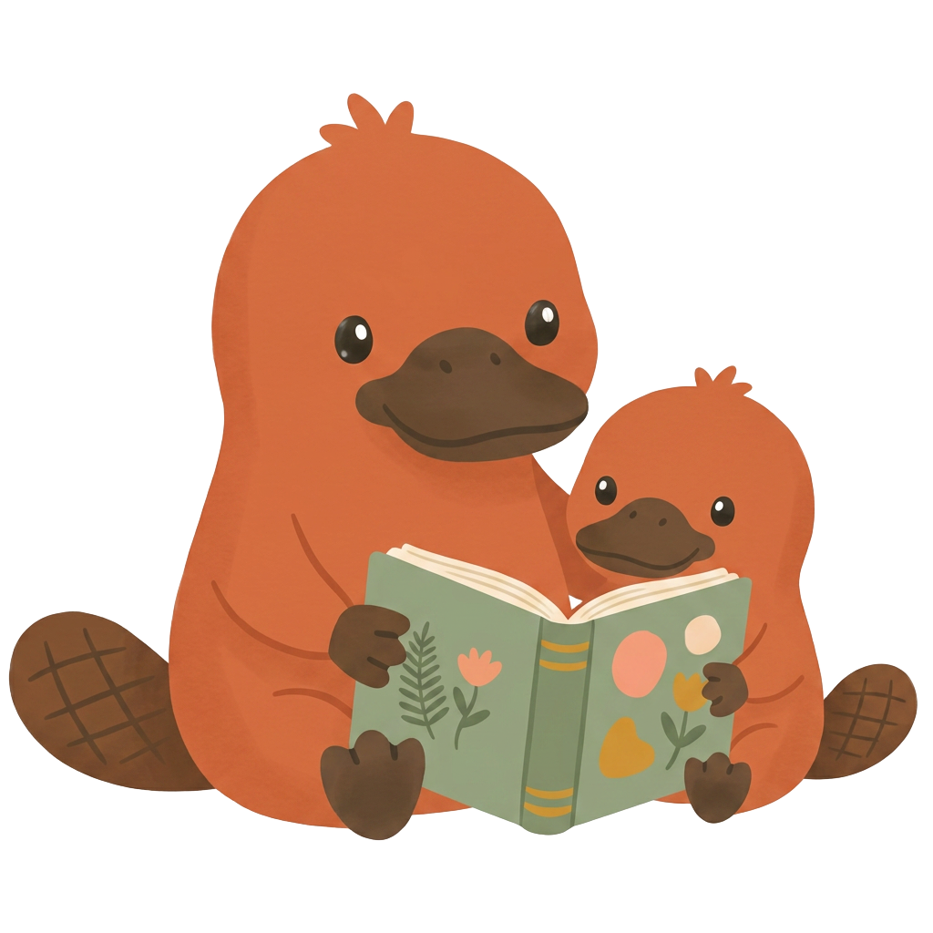 A grown-up platypus reading with a little one